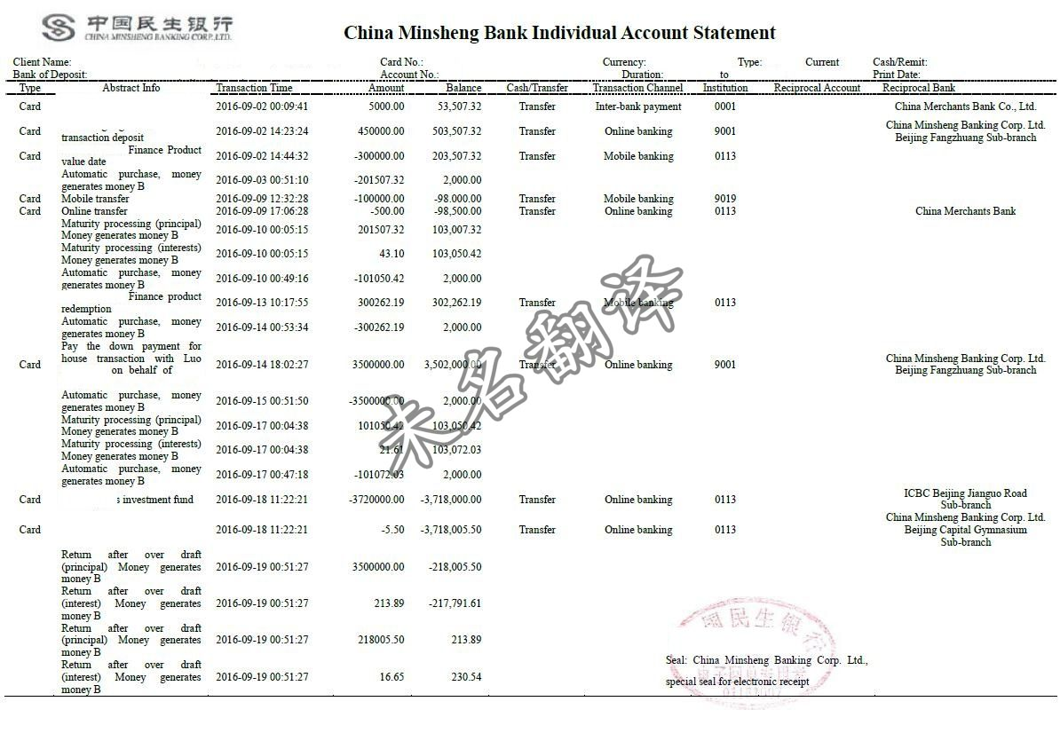 银行对账单翻译样本