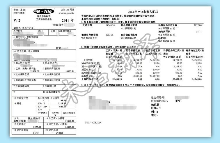 美国个人收入报税表W2表格翻译模板
